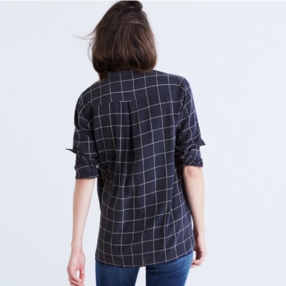 NWT Madewell Silk Lace-Up Shirt Windowpane Plaid Navy Blue Size M - Picture 3 of 8